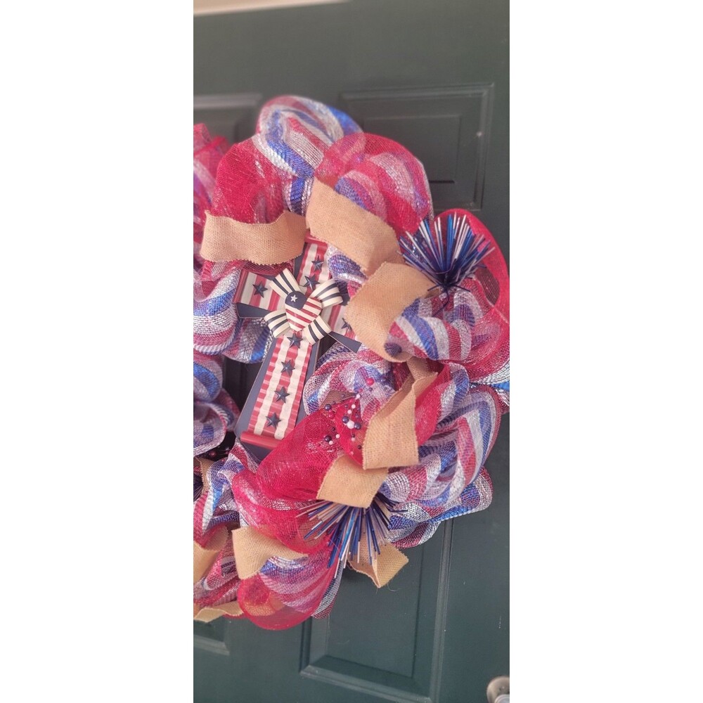 Patriotic 4th of July Mesh Ribbon Burlap Front Door Wreath Independence Day Cele